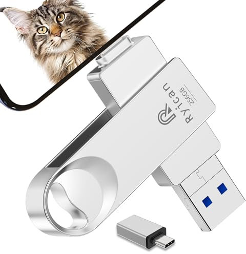 [Senza APP] Chiavetta USB per lPhone,Ryican 256GB Memoria Esterna Pendrive USB C 3.0 Chiavetta per lPhone per scaricare foto 4 in 1 Photostick per iOS/Smartphone/Pad/Android/PC/Tablet,Argento