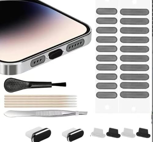 SUNNIFLY Kit Nettoyage Telephone, Accessoire Telephone Portable, Mobile Phone Dust Cover Kit Includes USB C Dust Cap, Mobile Phone Speaker Cover, Cotton Swab, Brush and Tweezers