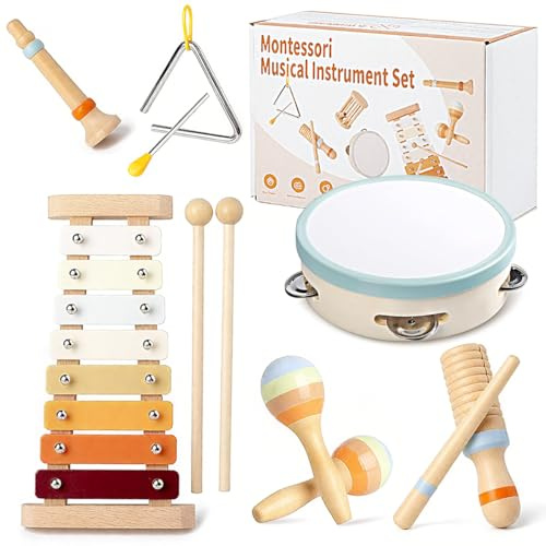 8-in-1 Montessori Musikinstrumente Kinder ab 1 Jahr Holz – Xylophon Trommel Triangel Maracas Flöte Klangrolle – Lernspielzeug Baby Musikspielzeug Schlagzeug Kinderspielzeug ab 2 3 Jahre