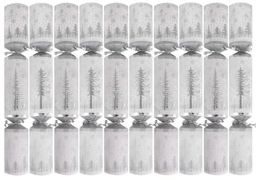 Harvey & Mason Pack of 10 Silver Tree & Snowflake Luxury Christmas Crackers - 14 Metallic Design Adults Xmas Holiday Dinner Table Decorations - Novelty Plastic Contains Hats Jokes