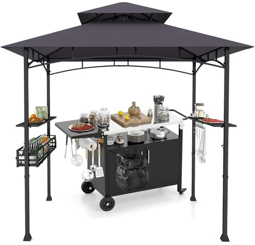 COSTWAY Grillpavillon mit Grillwagen, Grillüberdachungen wetterfest, Grilltisch Outdoor, Grillunterstand mit Doppeldach, Campingtisch Metall für Außenbereich