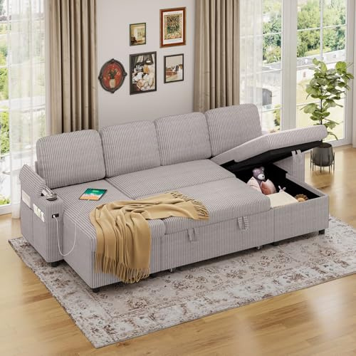 Jooli H Corner Sofa Bed, 3-in-1 Convertible Sleeper Sofa Couch with 6 Adjustable Backrest, Storage Armrest and USB Charge, 4 Seater Corduroy Pull Out U Shaped Sofa Bed for Living Room, Bedroom, Cream