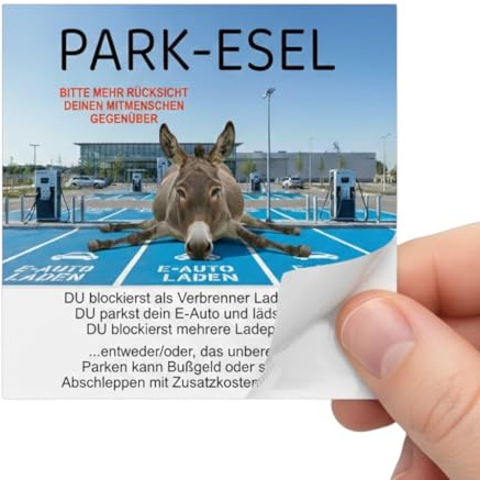 50 Aufkleber - 9x9cm, PARK-AFFE, PARK-ESEL, Ladesäule blockieren, Falschparker, Parkverbot, unberechtigtes Parken, lustige Strafzettel, klebendes Hinweisschild, EV Ladestation blockieren (PARK ESEL)