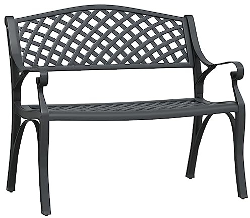 HETFTJN Banc de jardin 102 cm en fonte d'aluminium noir avec motif floral romantique, matériau robuste pour une utilisation en extérieur, pieds en fonte, pour balcon, terrasse et parc