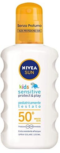 NIVEA SUN Sonnencreme Spray Kids Sensitive Protect & Play FP 50+ 200 ml, Sonnencreme Kinder und Babys ab 6 Monaten, Sonnencreme 50+ in praktischer Sprühflasche