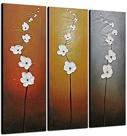 Wieco Art – œuvre d’art moderne contemporaine fleurs triptyque décoration 100 % peint à la main abstrait floral peintures à l’huile sur toile art mural Décor pour le salon Chambre à coucher Décorations d'intérieur