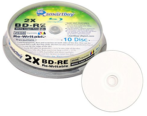 10 Pack Smartbuy 2X 25GB BD-RE Rewritable White Inkjet Hub Printable Disc | Erasable Blank Blu-ray Recordable Data Media Video Disc, Rewritten up to 1,000 times, Full White Surface for Inkjet Printer
