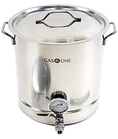 GasOne Wasserkochtopf aus Edelstahl, vorgebohrt, 4-teiliges Set, 64 Quart dreilagiger Boden für Bierbrauen, inklusive Edelstahldeckel, Kugelhahn, Thermometer, Zapfhahn – Heimbrauzubehör