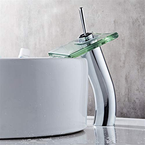 YAWEDA Mezclador de cobre para agua del grifo del lavabo grifo lavabo del baño frío de cristal grifo cascada baño grifo baño grifo sola manija cromado pulido