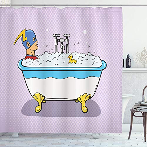 ABAKUHAUS Comic Duschvorhang, Superheld Schaumbad, Stoffliches Gewebe Badezimmerdekorationsset mit Haken, 175 x 240 cm, Lila Blau