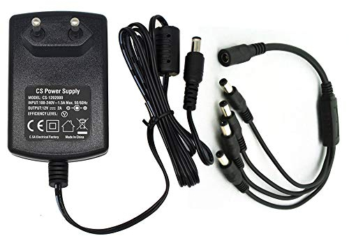 Security-01 AC zu DC 12V 2A Netzteil Adapter mit 4-Fach Verteilerkabel, Stecker 5,5mm x 2,1mm für CCTV-Kamera DVR LED String Licht
