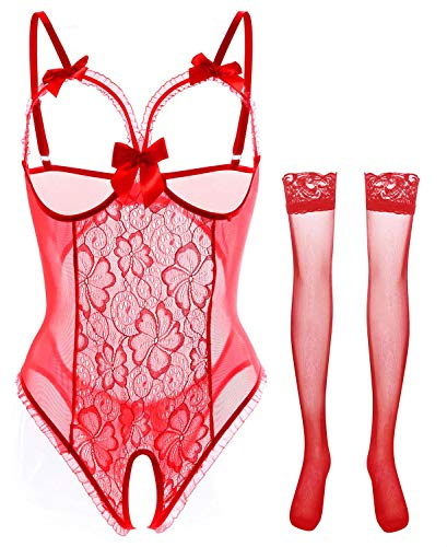 AIBINGGE Lingerie for Women Sexy Teddy One-Piece Lace Babydoll Bodysuit Nightie Plus Size, A-(red+stocking), XXXL