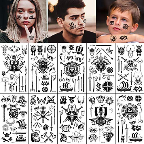 Qpout Piraten Temporäre Tattoos 130 + Design, Schwarze Wikinger Piraten Tattoos Aufkleber für Mädchen Jungen Kinder Partytüten Mitgebsel Geburtstagsgeschenk Pirate Party Gesicht Hand Arm Dekor
