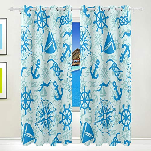 MONTOJ Fenstervorhang, maritimes Marine-Muster, Sonnenschutz, Verdunkelungsvorhänge für Schlafzimmer (2 Paneele, B 107 x L 160 cm)