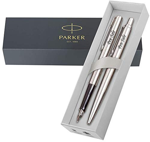 Personalised Engraved Parker Jotter Stainless Steel Ballpoint Fountain Pen Set, Plus Option of Box Engraving, Personalised Gifts For Anniversary, Gift Idea - Enter Your Custom Text