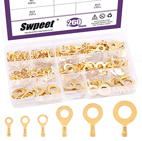 Swpeet 240Pcs Gold M3 M4 M5 M6 M8 M10 Nicht-isolierter offener Barrel Wire Crimp Kupfer Terminal Connector Kit, O-Typ Ring Lugs Crimp Kabel Terminal für Crimp feste Drähte oder gestrandete Drähte