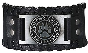 Flongo Lederarmband Männer Groß Leder Armband Herren Armreif Wikinger Wolfspfote Wolf Paw Manschette Schwarz Braun Verstellbar Motorradfahrer Biker Herren-Accessoires
