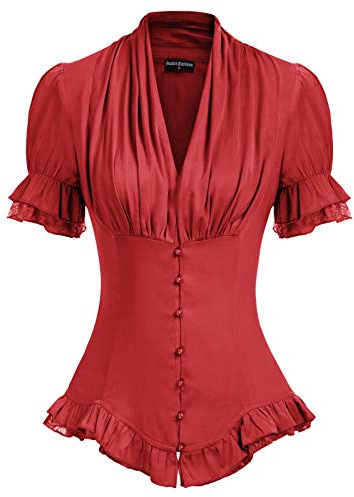Vintage Peplum Shirt for Women Victorian Lace Sleeve Blouse V Neck Lace Up Work Top Red XL