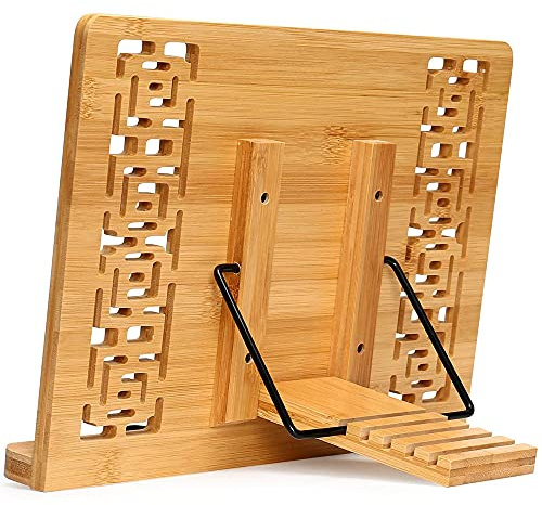 ANCLLO Buchständer aus Bambus mit Retro hohl elegantes Muster verstellbar Buchhalter Kochbuchständer Schreibtisch Dokumentenhalter