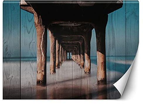 Feeby Wandtapete Fototapete Vlies 3D-Illusion Holzimitation 250x175 cm Braun Modern Tapete Wohnzimmer Schlafzimmer Abstrakt Pier Meer