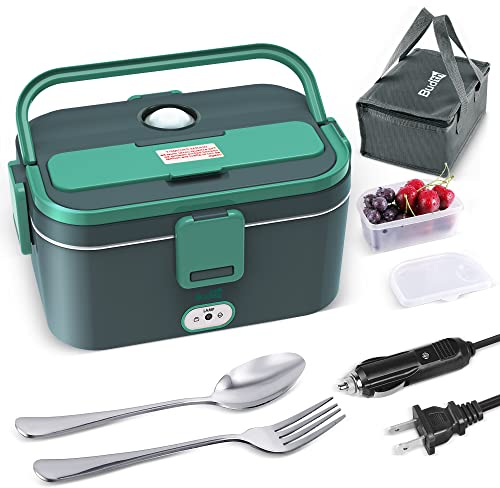 Budth Lonchera eléctrica de 1,8 L, calentador de alimentos portátil para coche, camión, oficina, adaptador de 12 V, 24 V, 110 V, 70 W, a prueba de fugas, contenedor de acero inoxidable 304, tenedor y