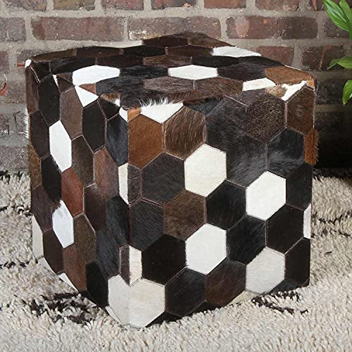 Patchwork Pouf Fellhocker Vanita 45x45x48 cm (B/T/H) aus Echtfell & Holz Hocker quadratisch Echt Ledersitzkissen HH5604
