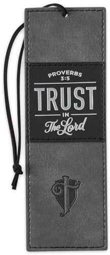 Christian Art Gifts Black Charcoal Gray Faux Leather Bookmark for Men: Trust in the Lord - Proverbs 3:5 Inspiring Bible Verse, Heat-debossed w/Silver Foil Accents Cross, Shield and Sturdy Leather Cord