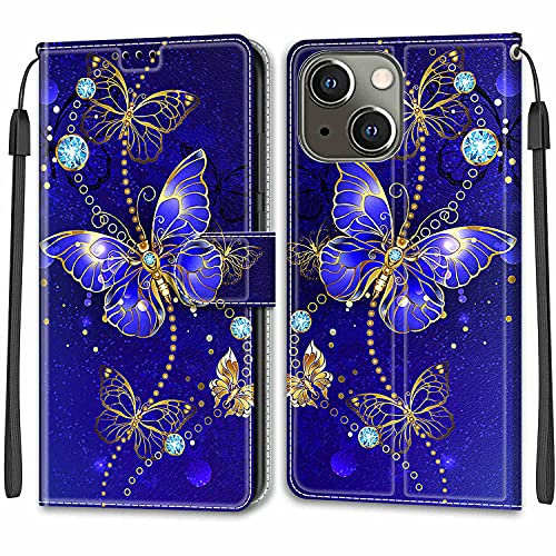 Esakycn Cover Pelle per Apple iPhone 13, Flip Caso Custodia Pelle PU Premium Magnetica Portafoglio a Libro Slot Carte Disegni Silicone Protettiva Antiurto per iPhone 13 6,1, Farfalla