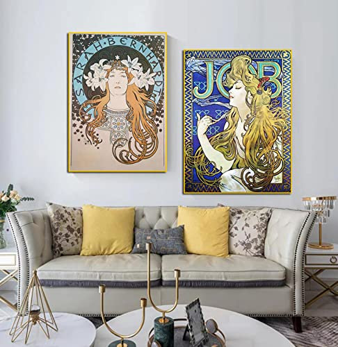 Leinwand Gemälde Wandkunst Alphonse Mucha Moderne Druckgrafik Jugendstil Bilder Poster Wohnzimmer Wohnkultur Leinwanddrucke 30x45cmx2St Rahmenlos