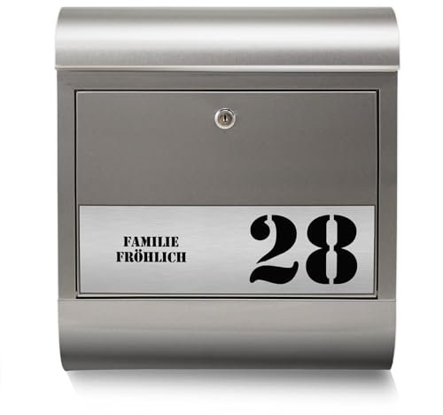 banjado® Briefkasten personalisiert mit graviertem Namensschild in Silber/Briefkasten Edelstahl 38x43x12cm / Briefkasten mit Hausnummer, Namen & Motiv Gravur 3 /Briefkasten mit Zeitungsfach