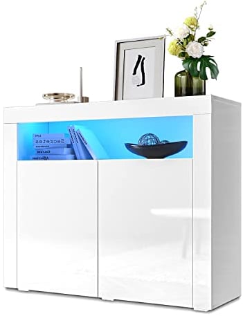 SONNI Kommode Weiß Hochglanz mit LED Beleuchtung Sideboard Weiss mit 2 Tür 120 cm breit