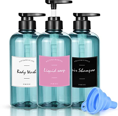 JTOOYS 3 Pack 500ml/17oz Empty Shampoo Bottles Soap Dispenser Bottle Refillable Plastic Lotion Pump with Silicone Funnel & Labels Conditioner Blue for Bathroom Kitchen (JTOO-3293)