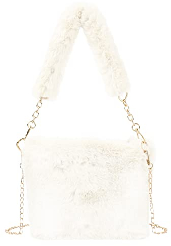 Meliyya Damen Fellimitat Schultertasche Plüsch Umhängetasche Flauschige Handtasche mit Ketten Gurt Plüsch Griff, 26 * 13 * 17cm, Beigeweiß