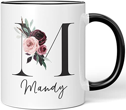 JUNIWORDS Tasse, Mandy, Name Anfangsbuchstabe Initial Alphabet Floral Buchstabe M Monogramm Motiv, Schwarz (5585582)