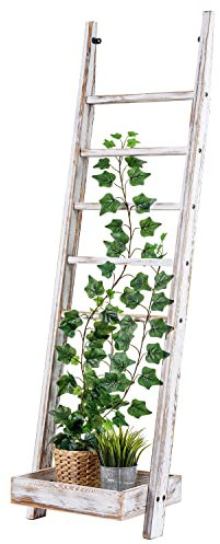 MyGift 4.5 Foot Tall Shabby Chic White Washed Solid Wood Standing Ladder Style Plant Stand Trellis for Vine Climbing Plants with Decorative Bottom Garden Tray