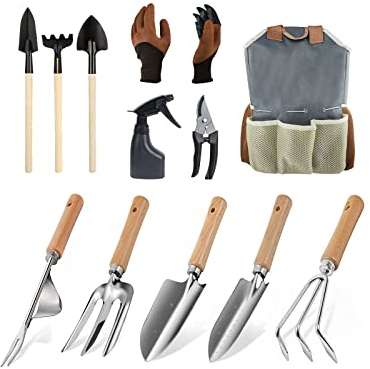 MOXTOYU Lot de 11 outils de jardinage robustes avec sac à outils de jardin, cadeau de jardinage, kit de jardinage en acier inoxydable, outils à main de jardin pour homme, femme, jardinier