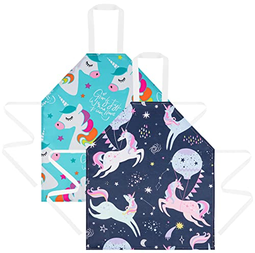 HOTUT 2 Pcs Kids Aprons, Cartoon Style Adjustable Child Chef Aprons, Unicorn Print Children's Apron for Kids Toddler Painting Baking Artist (Blue+Black)