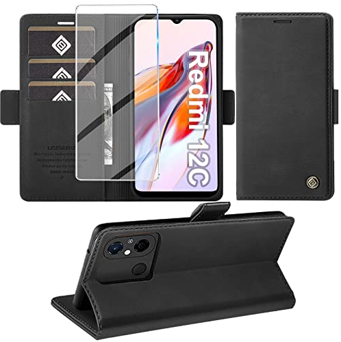 Giyer Handyhülle für Xiaomi Redmi 12C Hülle mit Displayschutzfolie, Schutzhülle für Redmi 12C PU Leder Wallet Flip Case Standfunktion Kartenfach Klapphülle Lederhülle für Xiaomi 12C Cover (Schwarz)