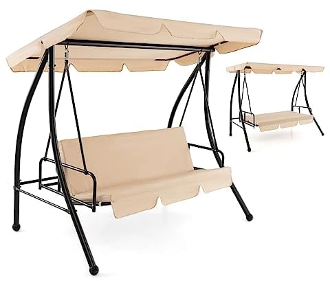 RELAX4LIFE 3 Seater Swing Chair, 2-in-1 Convertible Garden Swing Bench with Adjustable Canopy and Removable Cushion, Outdoor Metal Hammock Lounge Bed for Porch Backyard Balcony