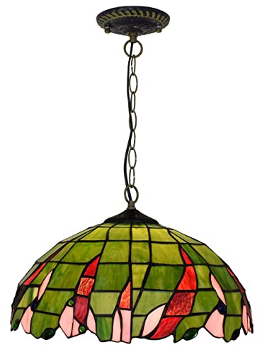 PAZWAHF Pastoraler Stil, grün, Tiffany-Stil, mittlere Größe, Pendelleuchte, Buntglas-Hängelampe, Breite 16 Zoll, Höhe 36 Zoll, hängender Kronleuchter