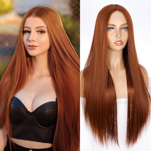 PORSMEER Kupfer Rot Perück Lang Glatt Gerade Perücken für Frauen/Mädchen/Afro Natürliche Kunsthaar Mittelteil Lace-Haaransatz Perücke Party/Kostüm Ginger Orange Wig (Auburn)