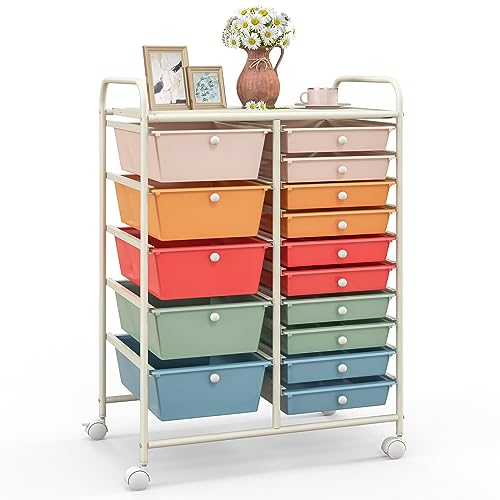 COSTWAY Rollwagen mit 15 stapelbaren Schubladen, Schubladenwagen Rollcontainer mit Metallgestell und Ablagefläche, Badrollwagen Aufbewahrungswagen für Büro, Wohnzimmer, 63 x 37 x 87 cm