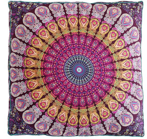 Quadratischer Hippie-Mandala-Bodenkissen, Ottoman-Pouf-Bezug, indischer Pfauen-Tagesbett, übergroßer Baumwoll-Kissenbezug, robuster Reißverschluss, zum Sitzen, Hund, Haustierbett, 81 cm, Magenta