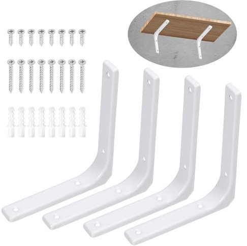 Swpeet 4 Pack 6L x 5H Iron Wall Shelf Bracket, Heavy Duty Shelf Support Bracket, Floating Shelf Bracket, Decorative Joint Angle L Steel Bracket Kit Contains 16/40MM Screws, Anchors for Home, White