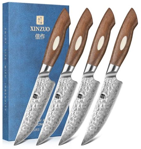 XINZUO 4 Pezzi Set di Coltelli da Bistecca, 67 Strati Acciaio Damasco 13.1cm Coltello da Tavola, Acciaio AUS-10 Giapponese 4 Pezzi Set di Coltelli da Carne Cucina -Manico in Legno di Noce Nero