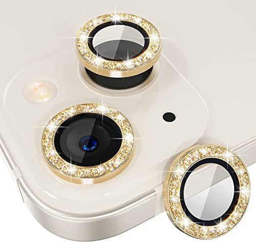EKAM Camera Lens Protector for iPhone 15 6.1-Inch and iPhone 15 Plus 6.7-Inch 9H Tempered Glass Aluminum Alloy Metal Individual Ring Cover HD Clear Bubble Free Protection (Glitter Gold)