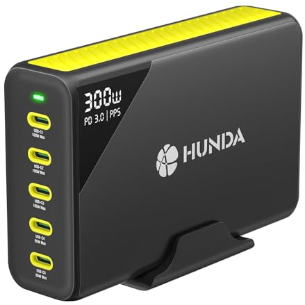 HUNDA Chargeur USB C,Total 300W Chargeur GaN Rapide 5 USB C Ports pour MacBook Pro/Air, Google Pixelbook, ThinkPad, Dell XPS, iPad Pro, Galaxy S23/S22, iPhone 15/1413/Pro, etc. (Noir)