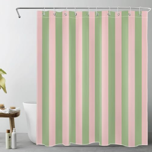 LB Grün und Rosa gestreift Duschvorhang 150x200cm(BxH) Abstrakte Geometrie Antischimmel Wasserdicht Badezimmer Vorhänge, Moderne Kunst Extra Lange Polyester Stoff Bad Vorhang mit Haken