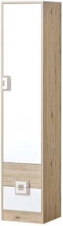 MINIO go for it - Kleiderschrank Nimes 5, 40x190x40 cm, Schrank mit 1 Tür, Garderobenschrank mit 2 Schubladen, Schrank Schlafzimmer mit 3 Einlegeböden, Kleiderschränke, Eiche Hell/Weiß