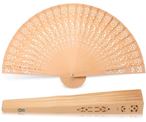 Queekay Éventail Pliant Chinois Sculpté Éventail à Main en Bois Éventail Pliable de Mariage Été Ventilateur Pliable Chinois Creux Vintage en Bois Décoration Murale pour Douche Nuptiale (Étoile Lune)